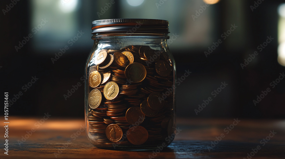 Glass Jar Filled with Coins on Wooden Table in Dimly Lit Room Glass Jar Filled with Coins on Wooden Table in Dimly Lit Room