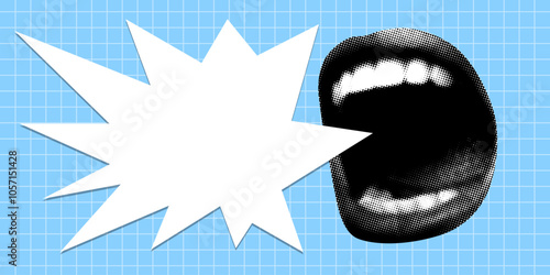 Modern collage design. Pop art style screaming mouth with speech bubble. Halftone female lips in retro comic style. Advertising banner for sale. Woman shouting