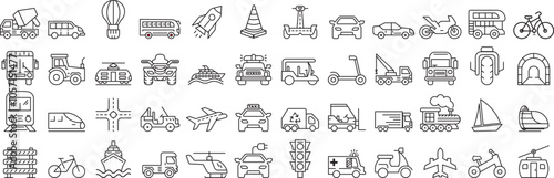 Transport web line icons. Containing car, bike, plane, train, bicycle, motorbike, bus and scooter eps 10