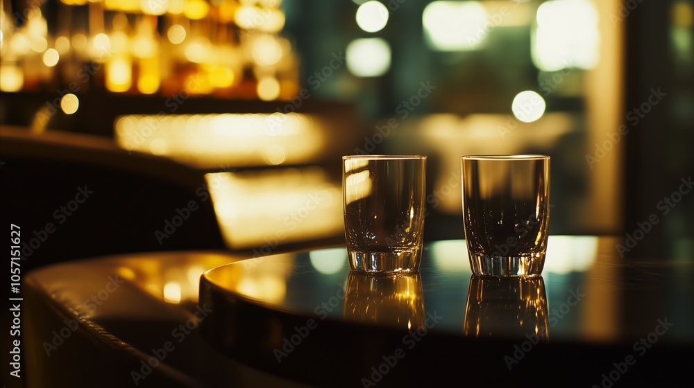 Two glasses of liquor on a table in a bar Two glasses of liquor on a table in a bar