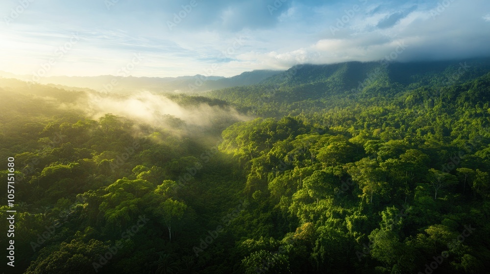 Aerial perspective of a lush rainforest emphasizing green eco friendly themes Aerial perspective of a lush rainforest emphasizing green eco friendly themes