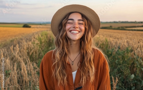 Smiling Woman in a Straw Hat in a Field