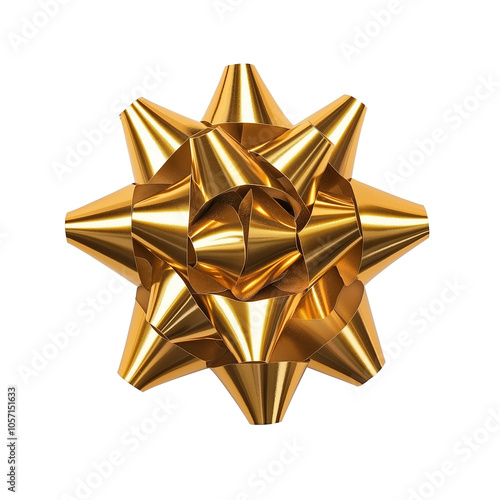 Shiny golden gift bow with textured ribbon loops on a white background generative ai. PNG transparent.