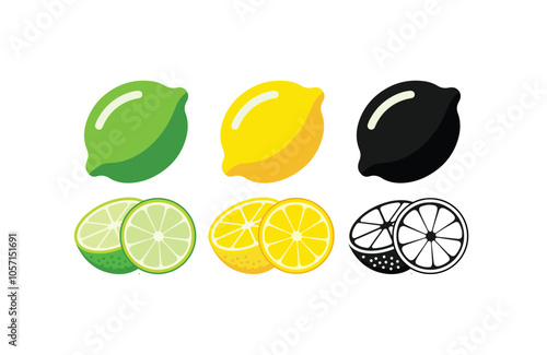 Fresh green lemon silhouette set. Whole lemon fruit with leaves, lemons slices and cut lemon. Organic fruits for lemonade juice or vitamin C healthy food. Vector illustration on white background