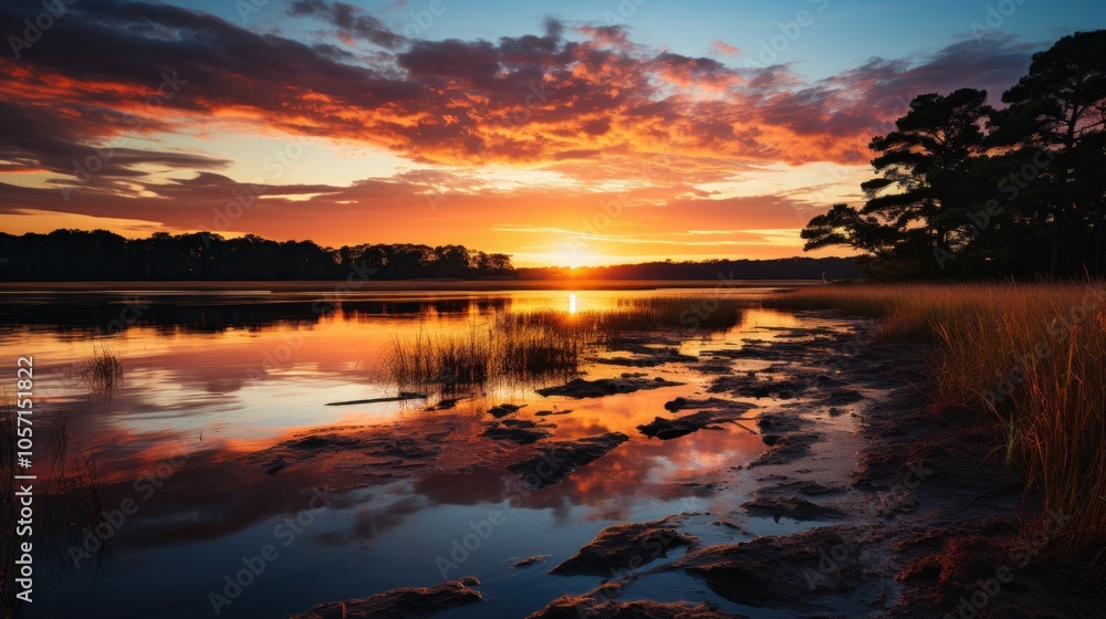 A serene sunset over a calm lake, reflecting vibrant colors and surrounding nature. A serene sunset over a calm lake, reflecting vibrant colors and surrounding nature.