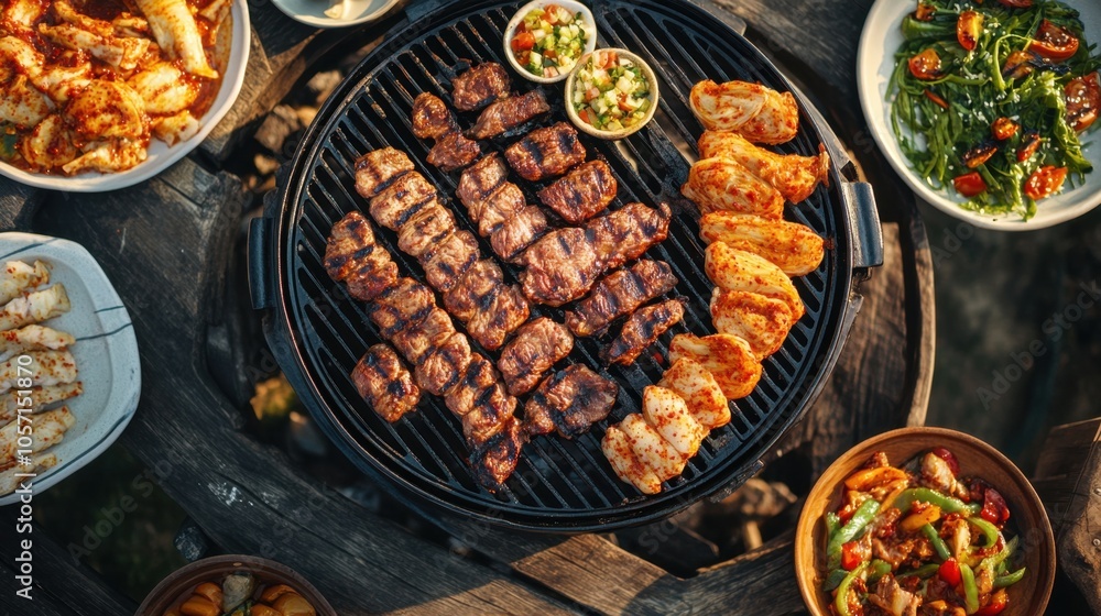 Korean barbecue spread with grilled meat kimchi and side dishes on rustic grill Korean barbecue spread with grilled meat kimchi and side dishes on rustic grill
