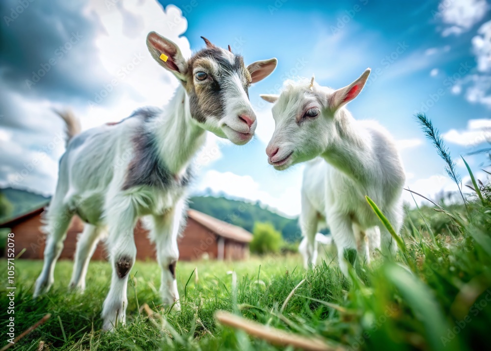 Playful Goats in Pasture - Tilt-Shift Photography of Friendly Rivalry and Nature Interaction Playful Goats in Pasture - Tilt-Shift Photography of Friendly Rivalry and Nature Interaction