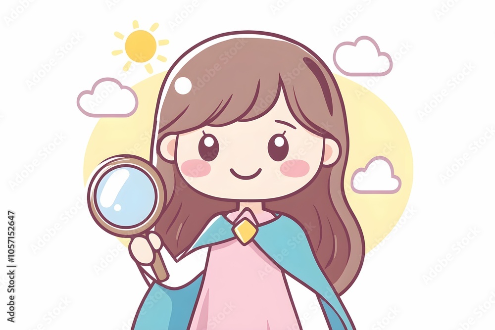 A cheerful girl holds a magnifying glass, with a sunny background and clouds, suggesting exploration and curiosity. A cheerful girl holds a magnifying glass, with a sunny background and clouds, suggesting exploration and curiosity.