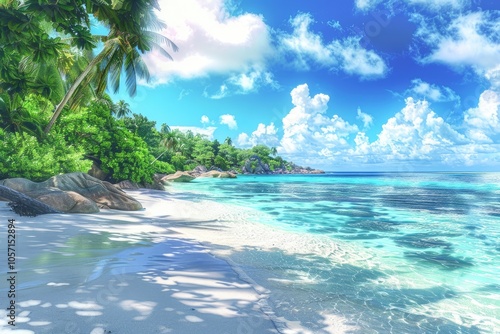 Tranquil Tropical Beach with Lush Foliage and Azure Waters