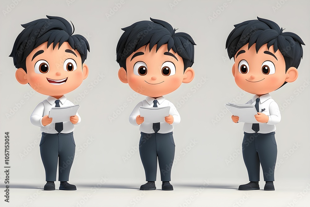 A cheerful, animated boy wearing a shirt and tie, holding tablets in different poses, showcasing a playful and professional vibe. A cheerful, animated boy wearing a shirt and tie, holding tablets in different poses, showcasing a playful and professional vibe.