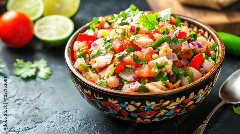 Peruvian ceviche with fresh fish lime cilantro and vibrant garnishes in decorative bowl Peruvian ceviche with fresh fish lime cilantro and vibrant garnishes in decorative bowl