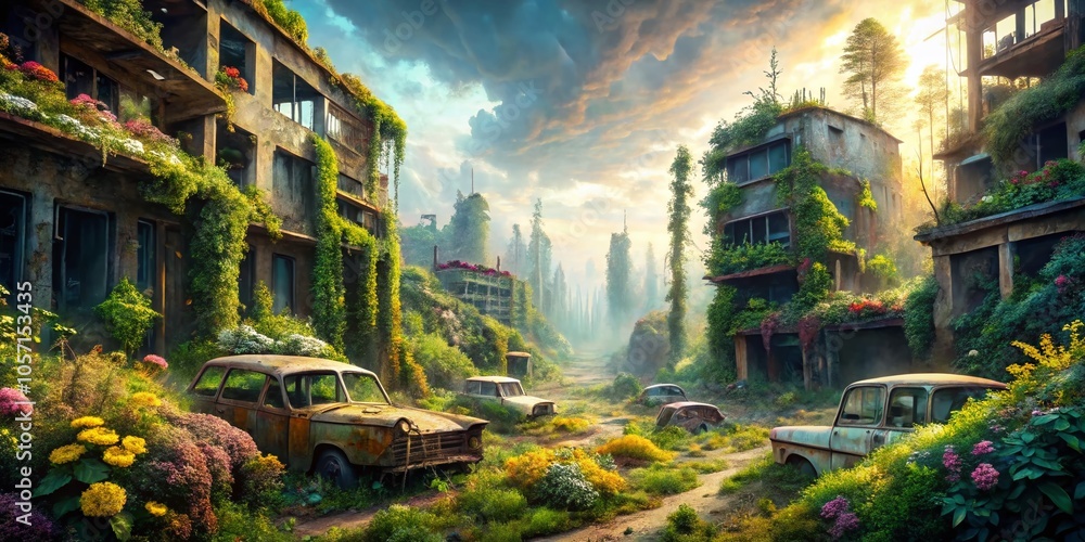 Obraz premium Post-Apocalyptic Double Exposure: Urban Ruins Merged with Nature's Reclamation