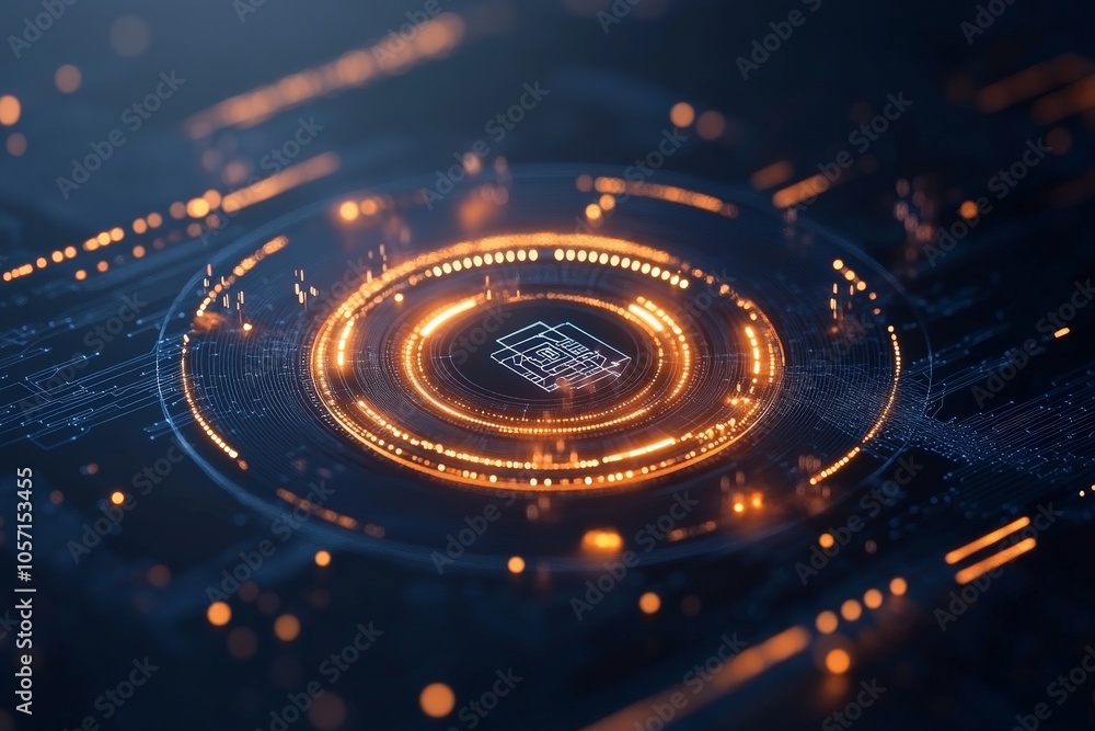 A digital interface with a prominent circular design and orange glowing features, symbolizing futuristic themes, technological advancement, and modern innovation. A digital interface with a prominent circular design and orange glowing features, symbolizing futuristic themes, technological advancement, and modern innovation.