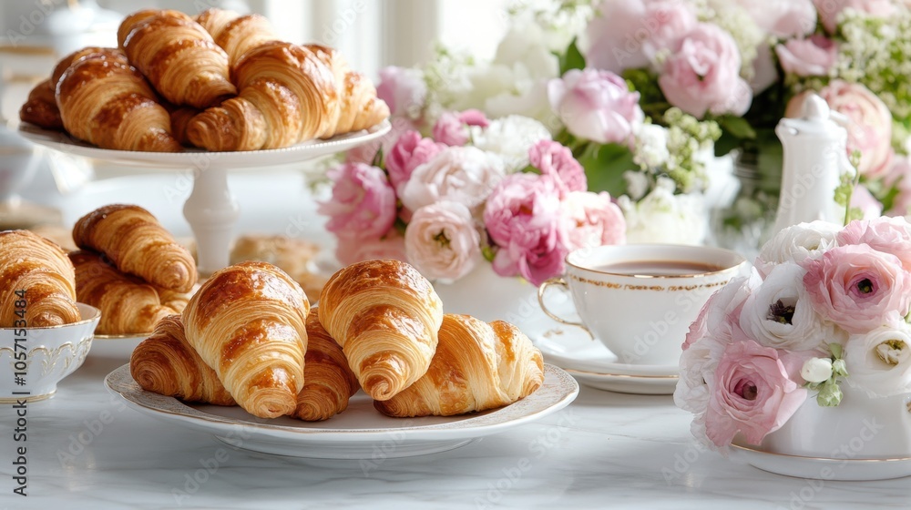 French croissants and pastries arranged on elegant table with coffee and fresh flowers French croissants and pastries arranged on elegant table with coffee and fresh flowers