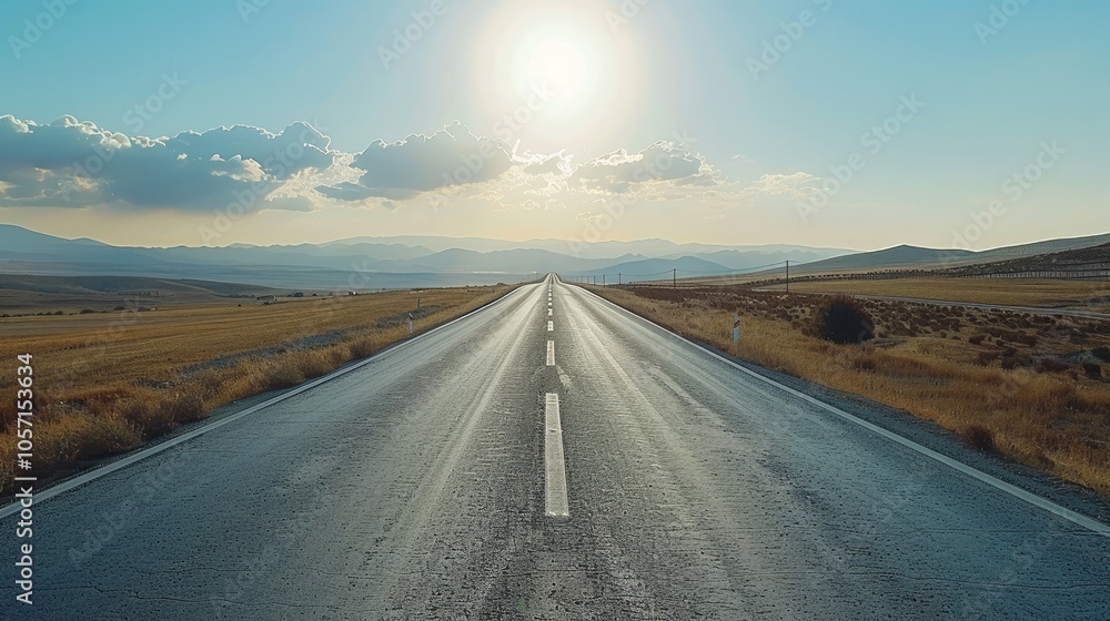 Fototapeta premium Endless Highway with White Directional Lines Stretching Towards the Horizon Under a Bright Sky, Representing Progress, Determination, and the Pursuit of Life Goals and Future Aspirations