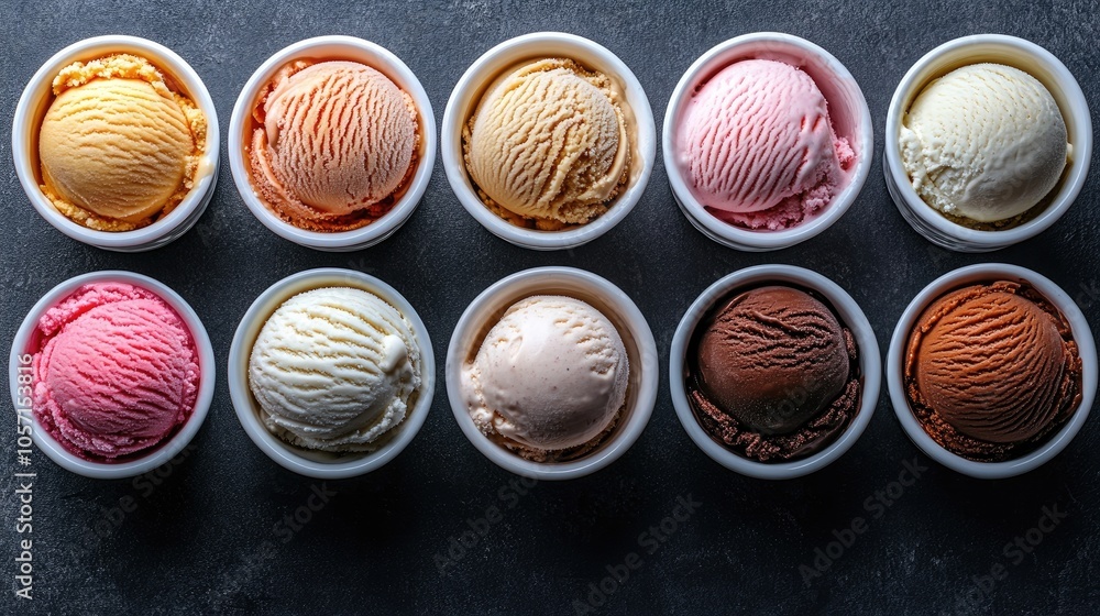 Assorted bowls of different ice cream flavors arranged on a dark gray surface viewed from above Assorted bowls of different ice cream flavors arranged on a dark gray surface viewed from above