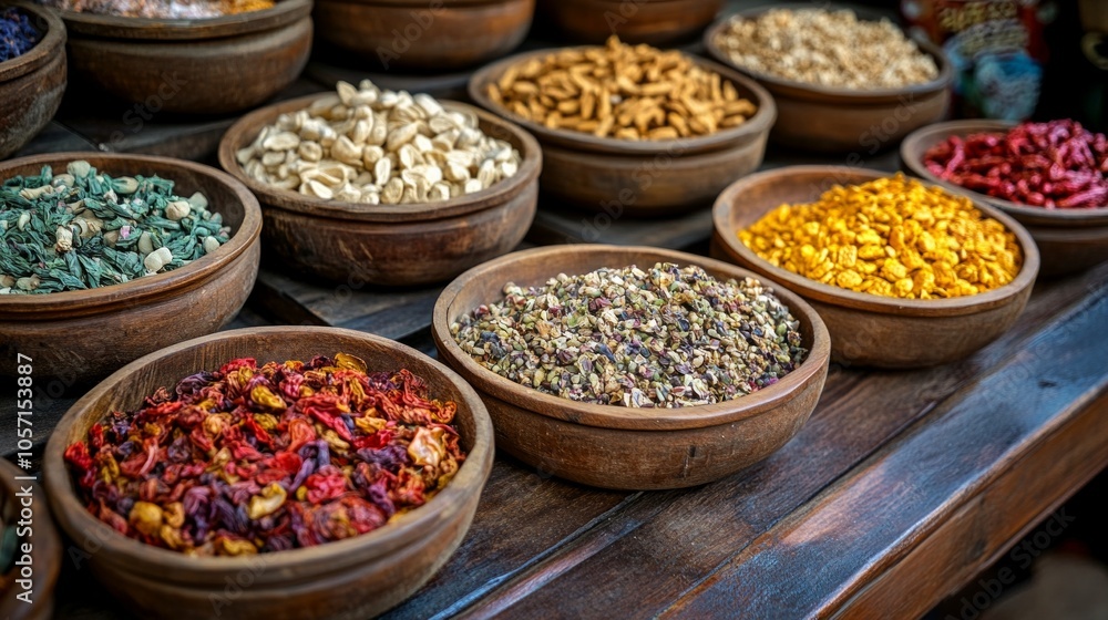 A table with many bowls of different colored spices A table with many bowls of different colored spices