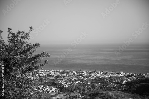 Paisaje blanco y negro del mar y una ciudad a sus pies photo