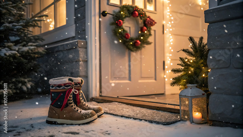 Children’s boots left by the door for Saint Nicholas in anticipation of treats, set on a snowy porch with a Christmas wreath and lantern.
