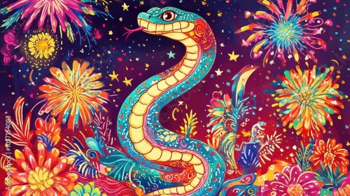 Cartoon image of the Year of the Snake under the New Year fireworks