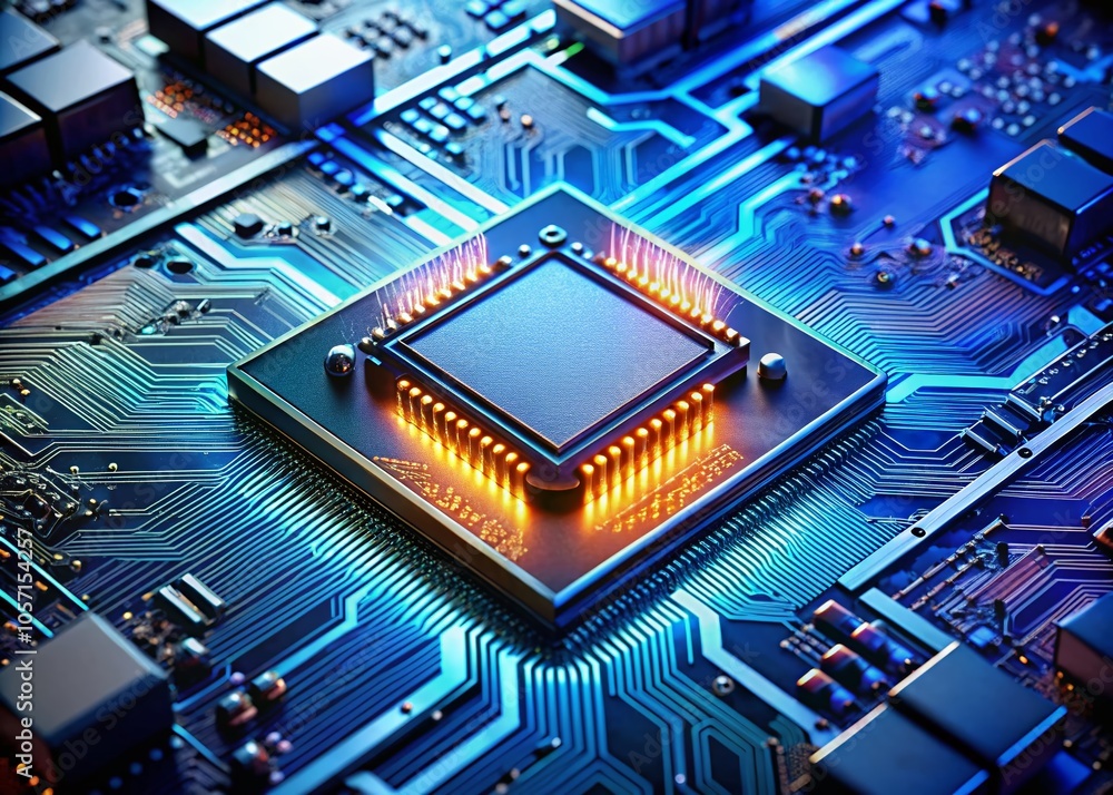 Processor on Blue Circuit Board Showcasing Modern Computing and AI Technology Processor on Blue Circuit Board Showcasing Modern Computing and AI Technology