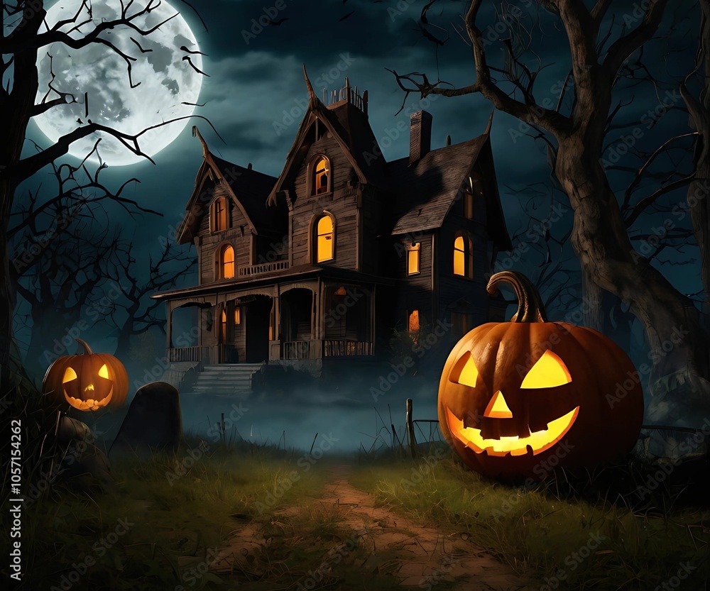 Halloween banner with a large, glowing full midnight moon as the background, cute pumpkin with a ghost face, Halloween banner with a large, glowing full midnight moon as the background, cute pumpkin with a ghost face,