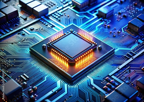 Processor on Blue Circuit Board Showcasing Modern Computing and AI Technology