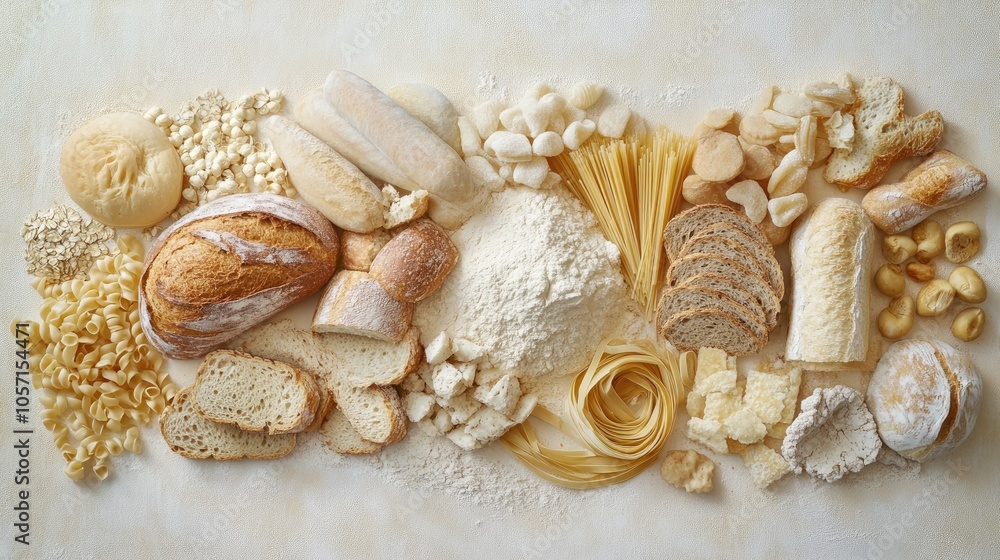 Assorted carbohydrate rich foods such as bread pasta grains and flour displayed on a light textured background highlighting unhealthy eating habits Assorted carbohydrate rich foods such as bread pasta grains and flour displayed on a light textured background highlighting unhealthy eating habits