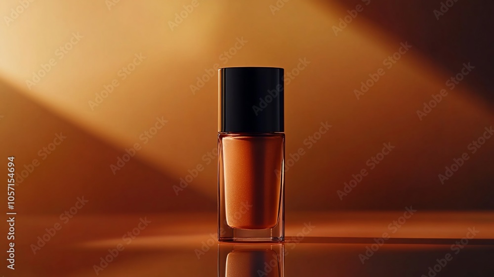 A single bottle of foundation on a brown background with a spotlight behind it. A single bottle of foundation on a brown background with a spotlight behind it.