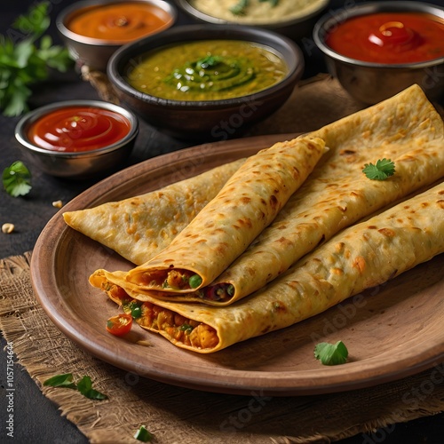 A detailed close-up of a moong dal cheela, golden and crispy, folded and filled with spiced paneer, served with green chutney and tomato ketchup. photo