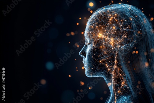 A digital representation of a female profile adorned with glowing neural networks, symbolizing the intricate connections of modern thought and intelligence.