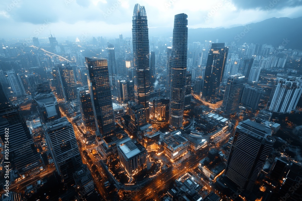 Obraz premium A breathtaking aerial view of a city skyline illuminated by a technological aura, representing the fusion of modern architecture and digital innovation.