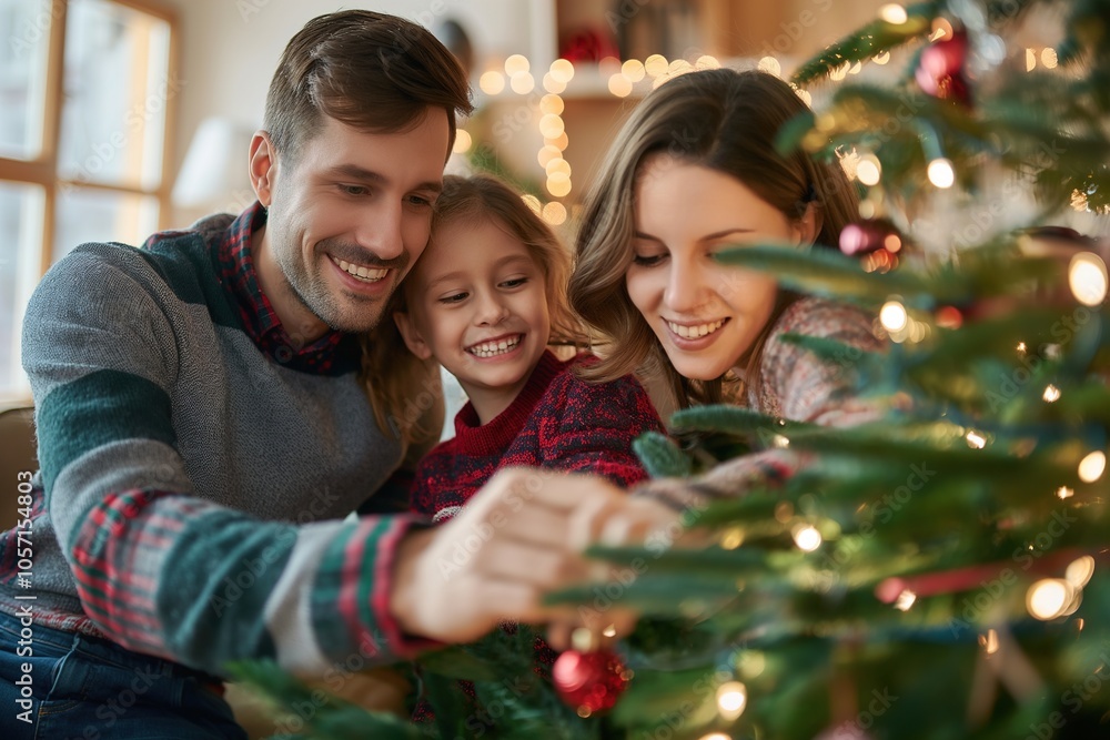 Family of three decorating a Christmas tree in a bright living room Family of three decorating a Christmas tree in a bright living room