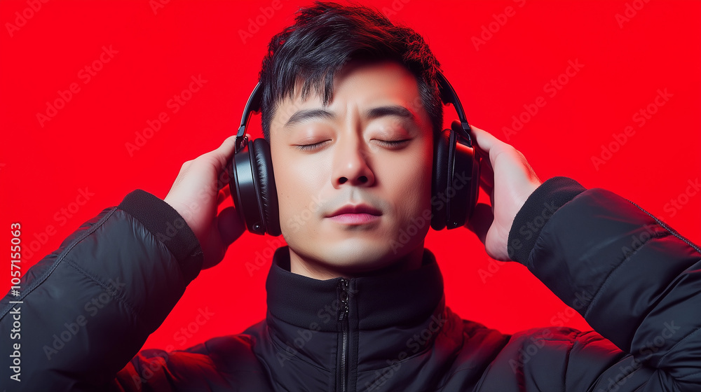 Fashionable young Chinese man enjoying music with headphones against a vibrant red neon background in the studio. Modern and stylish music experience, perfect for contemporary lifestyle concepts. Fashionable young Chinese man enjoying music with headphones against a vibrant red neon background in the studio. Modern and stylish music experience, perfect for contemporary lifestyle concepts.