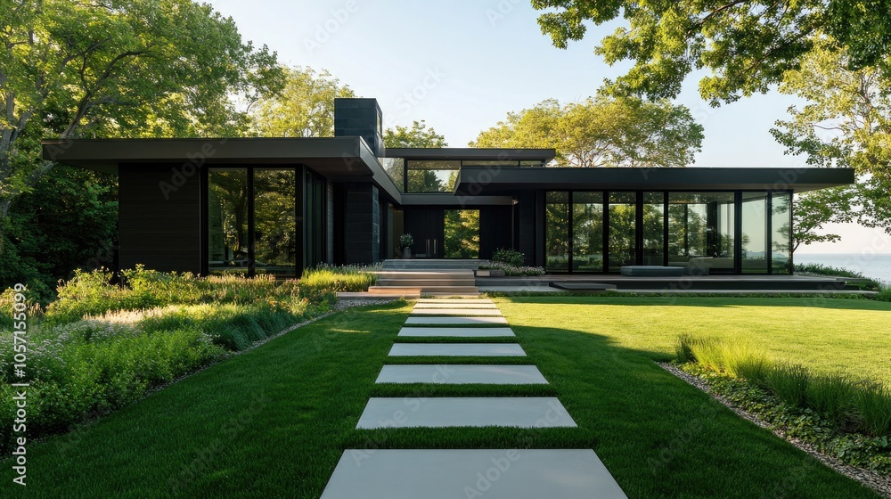 A modern home showcases a balanced facade with dark windows and a sleek walkway leading to a lush green lawn A modern home showcases a balanced facade with dark windows and a sleek walkway leading to a lush green lawn
