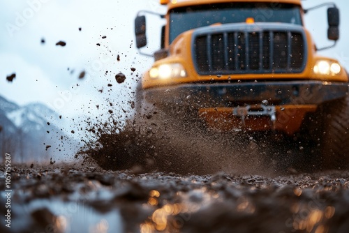 A powerful off-road vehicle kicks up dirt and mud as it speeds through rugged terrain, capturing the essence of adventure and the thrill of exploration. photo