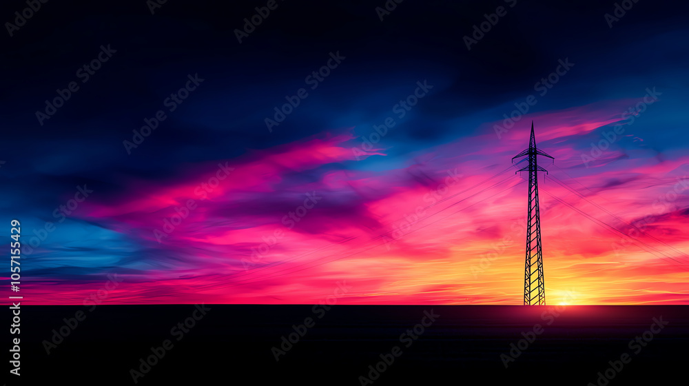 Fototapeta premium Minimalist landscape with a single towering electric turbine under a vibrant sky, emphasizing infrastructure and renewable energy