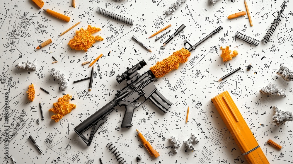Creative Doodle Art with Sniper Rifle and Stationery Items