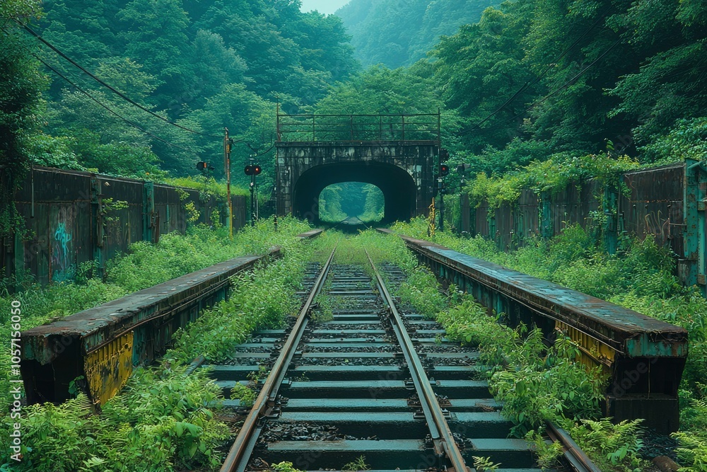 Overgrown Train Tracks Leading to Tunnel Through Lush Forest Overgrown Train Tracks Leading to Tunnel Through Lush Forest