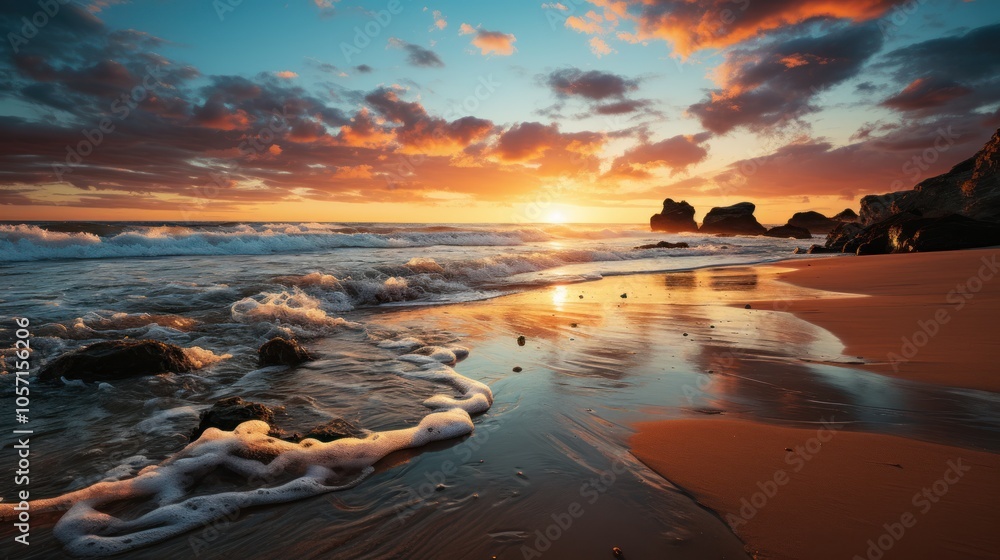 A stunning beach sunset with waves gently lapping at the shore and colorful clouds overhead. A stunning beach sunset with waves gently lapping at the shore and colorful clouds overhead.