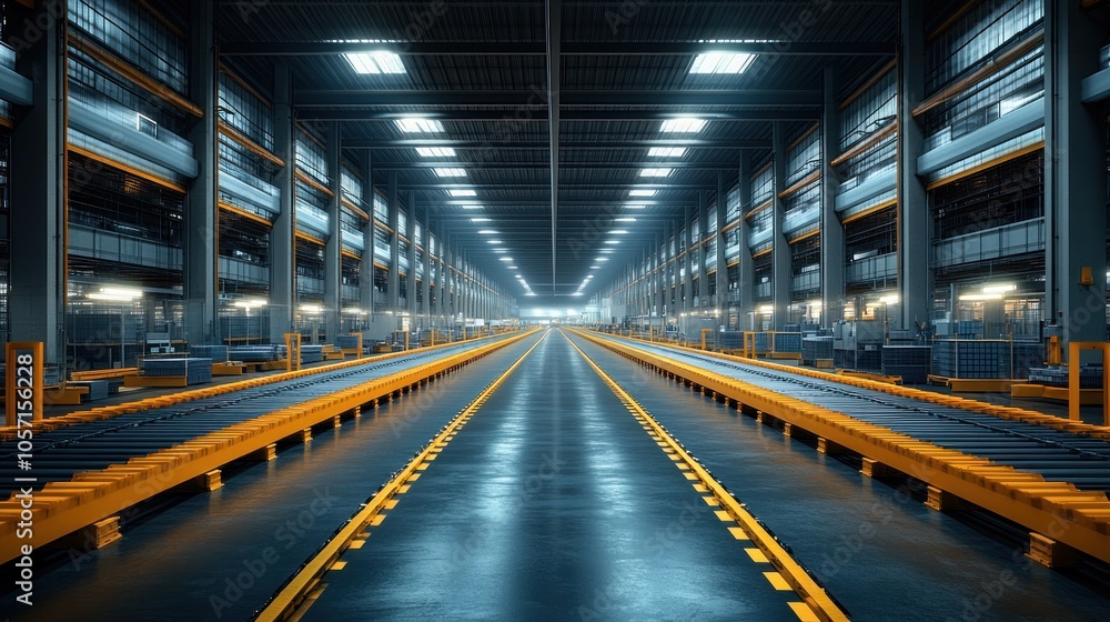 Spacious industrial warehouse with conveyor belts and bright lighting. Spacious industrial warehouse with conveyor belts and bright lighting.