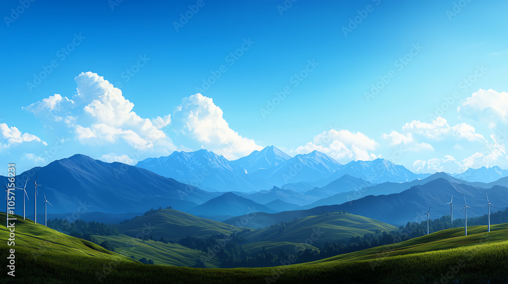 Fototapeta premium Majestic electric turbines along a mountain ridge, dynamic landscape, highlighting renewable energy's reach across diverse terrains