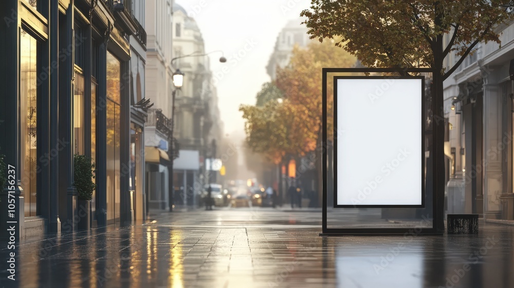 An empty street scene in a city, with a blank advertisement board, wet pavement reflecting buildings, and autumn trees in a serene morning ambiance. An empty street scene in a city, with a blank advertisement board, wet pavement reflecting buildings, and autumn trees in a serene morning ambiance.