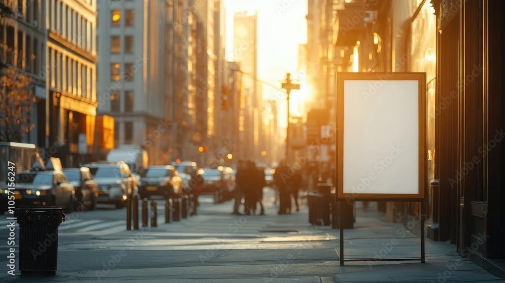 A serene city street at sunset, showcasing an empty billboard and people walking, capturing the ambiance of urban life. A serene city street at sunset, showcasing an empty billboard and people walking, capturing the ambiance of urban life.