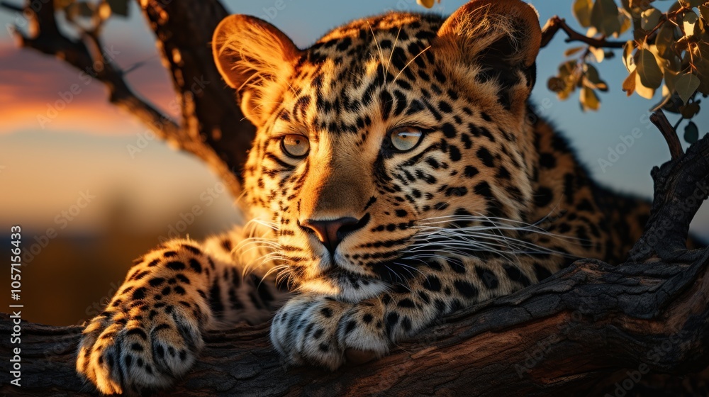 A close-up of a leopard resting on a tree branch during sunset. A close-up of a leopard resting on a tree branch during sunset.