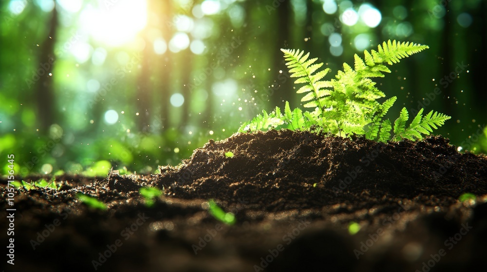 Lush Fern Sprouting in Rich Soil with Forest Background Lush Fern Sprouting in Rich Soil with Forest Background