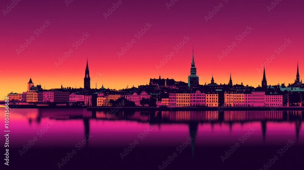 Naklejka premium A city skyline with a pink and purple sky