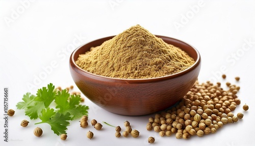 Fototapeta Naklejka Na Ścianę i Meble -  A bowl of ground coriander with whole seeds scattered around on an isolated white background