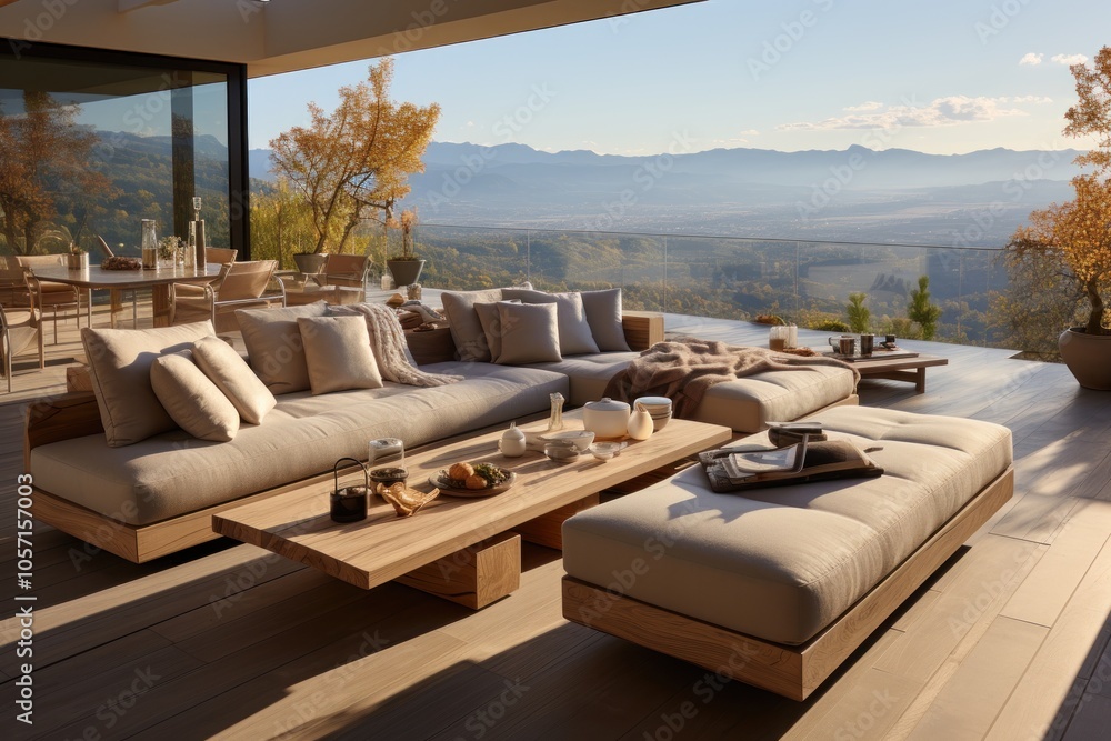 Fototapeta premium A serene outdoor lounge area with comfortable seating and stunning mountain views.