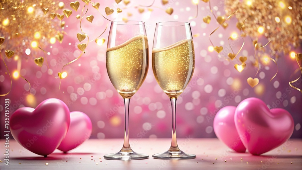 A celebratory moment with champagne glasses, golden confetti, and heart-shaped balloons in the background A celebratory moment with champagne glasses, golden confetti, and heart-shaped balloons in the background